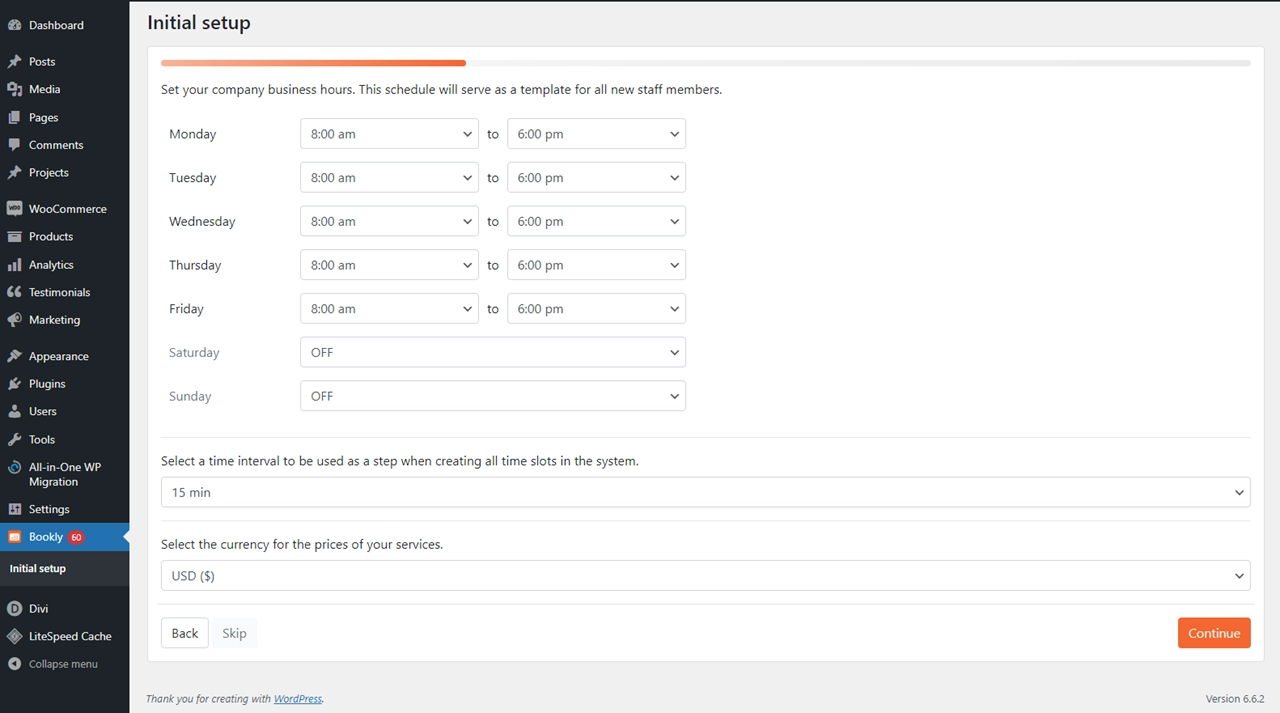 Bookly Initial Setup - step one.