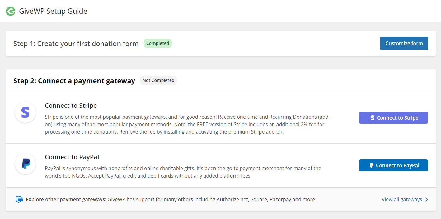 GiveWP payment gateway options.