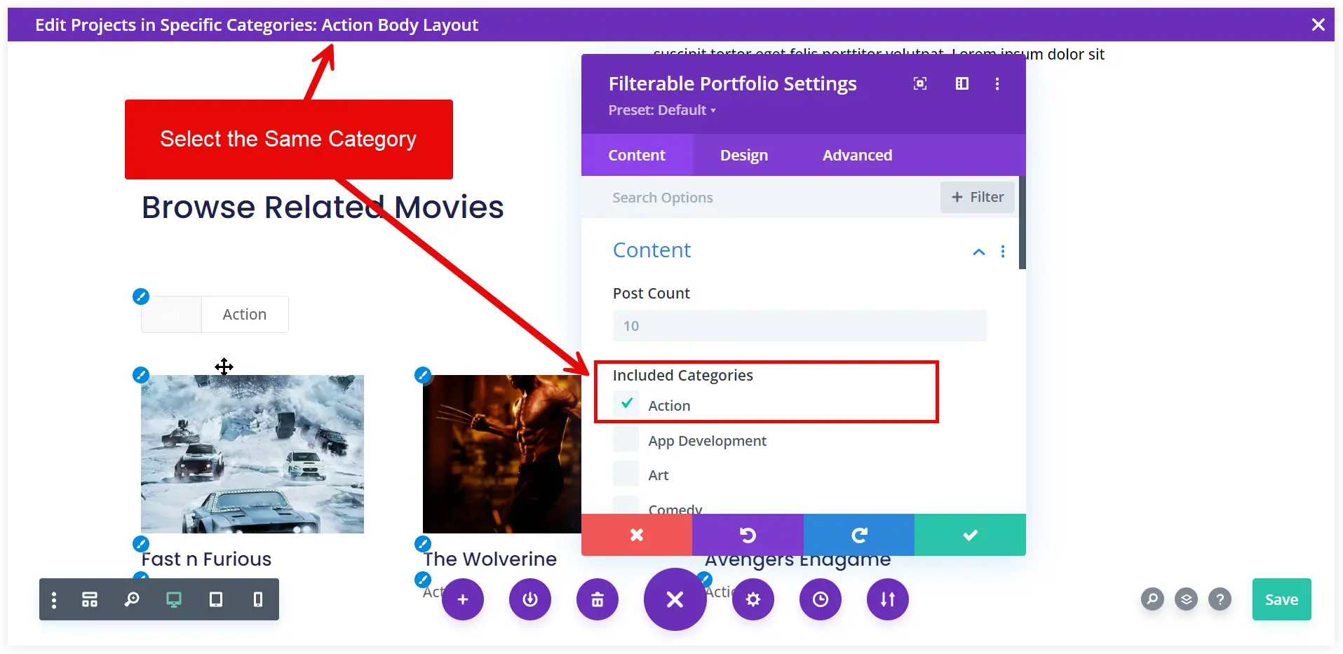 Assign same category in Divi portfolio