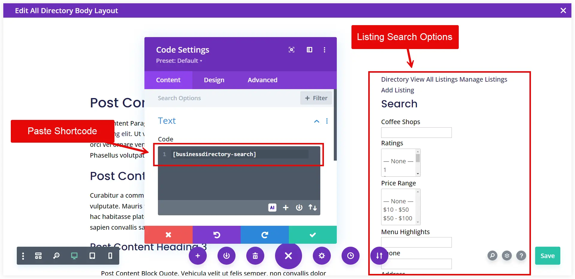 Shortcode in directory listing search bar