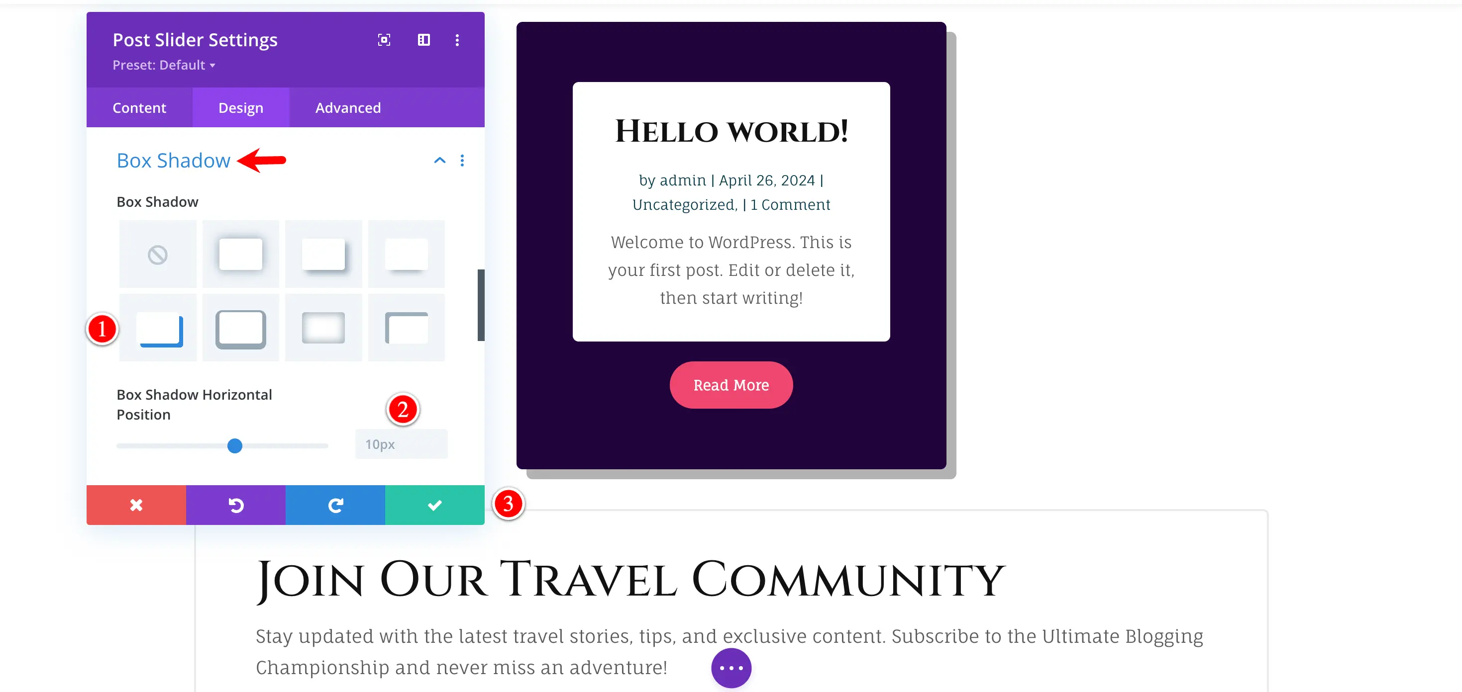 Divi travel blog layout box shadow