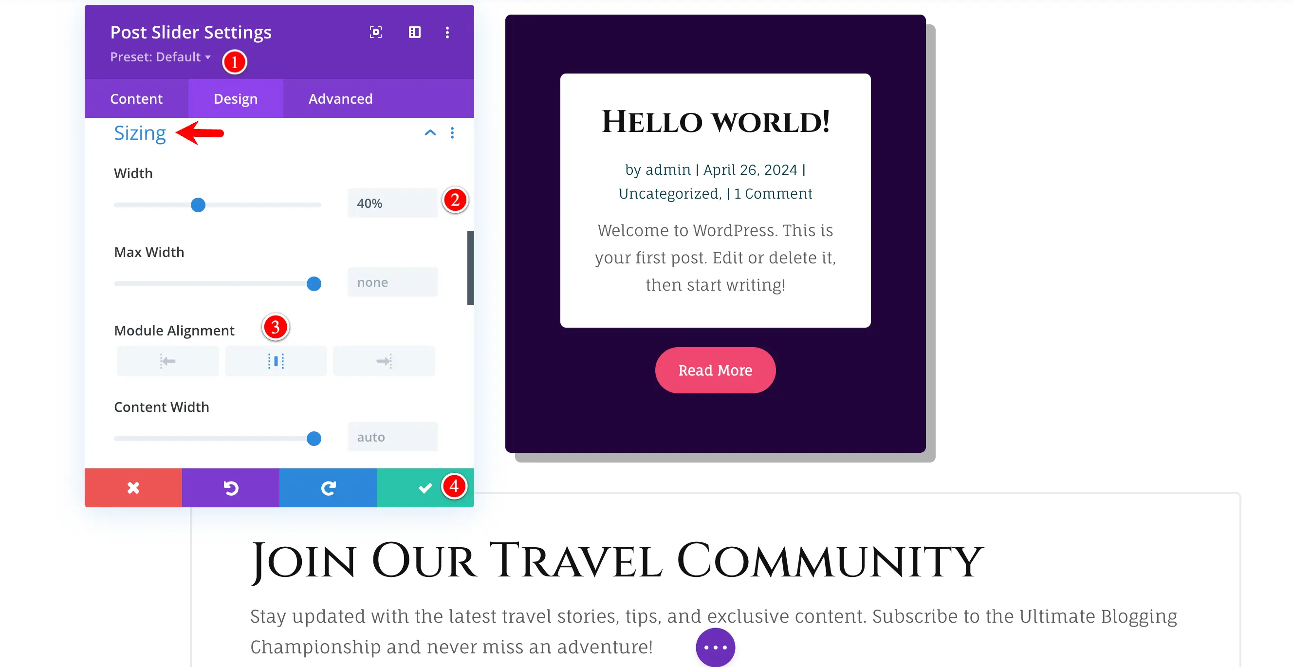 Divi travel blog layout sizing