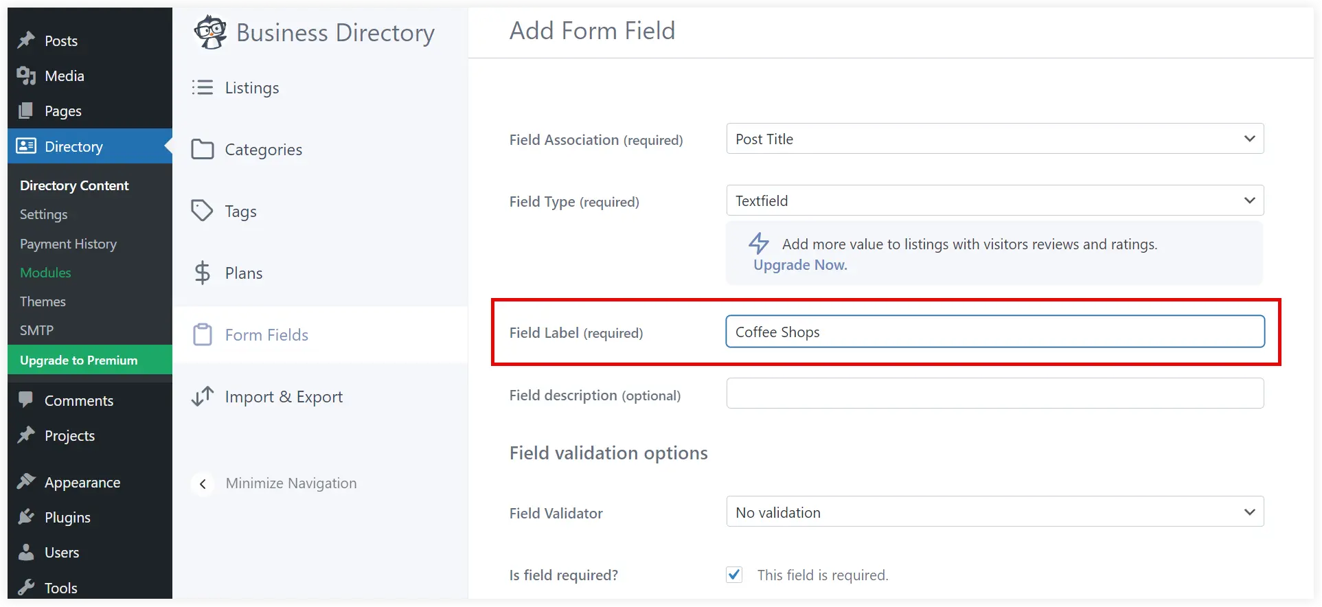 Change field label of listings