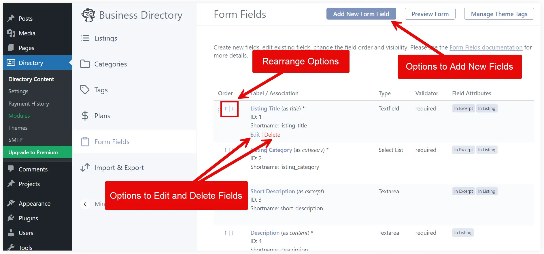 Add listing Fields for WordPress directory