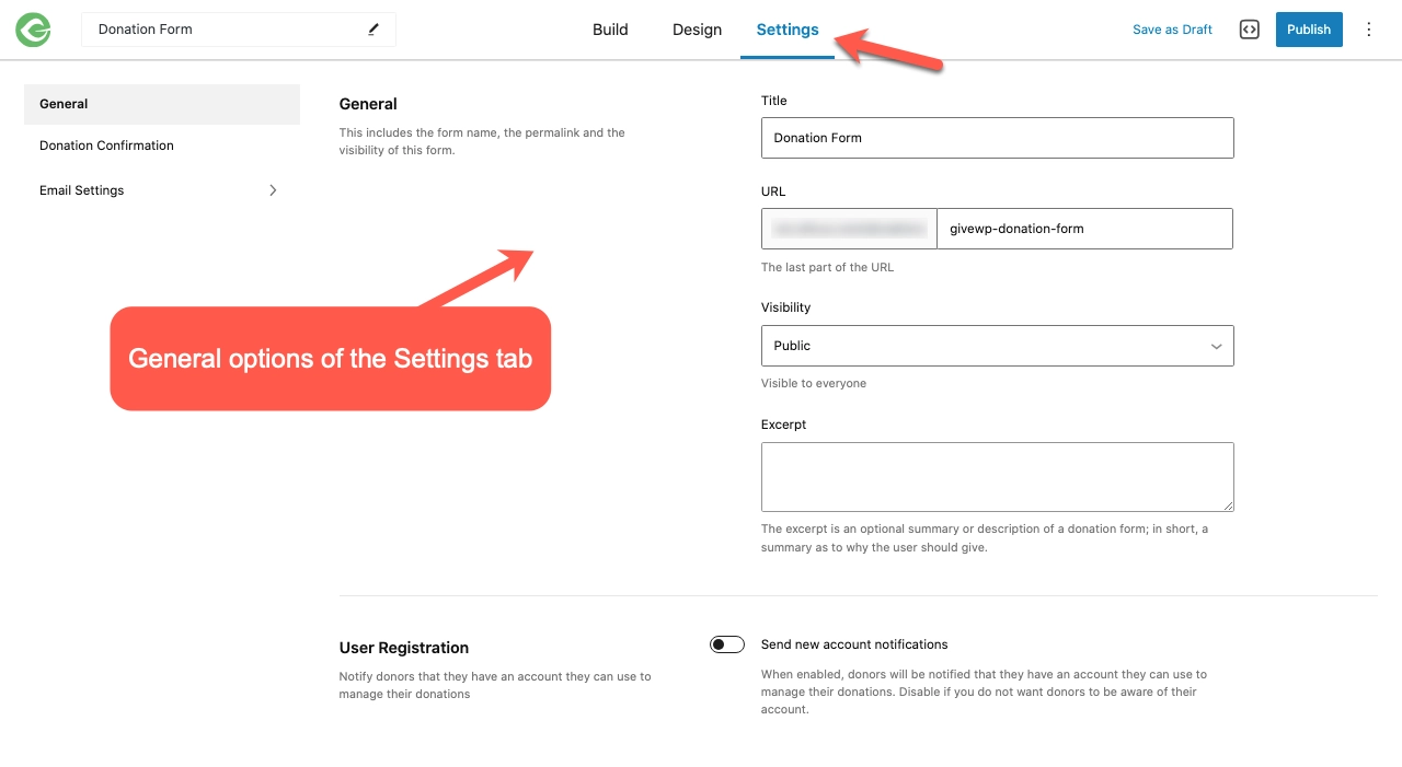 GiveWP plugin's Settings tab and its General options.