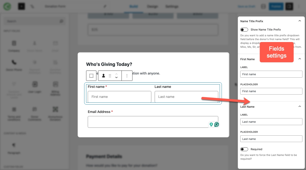 Settings of input fields of GiveWP Build tab.