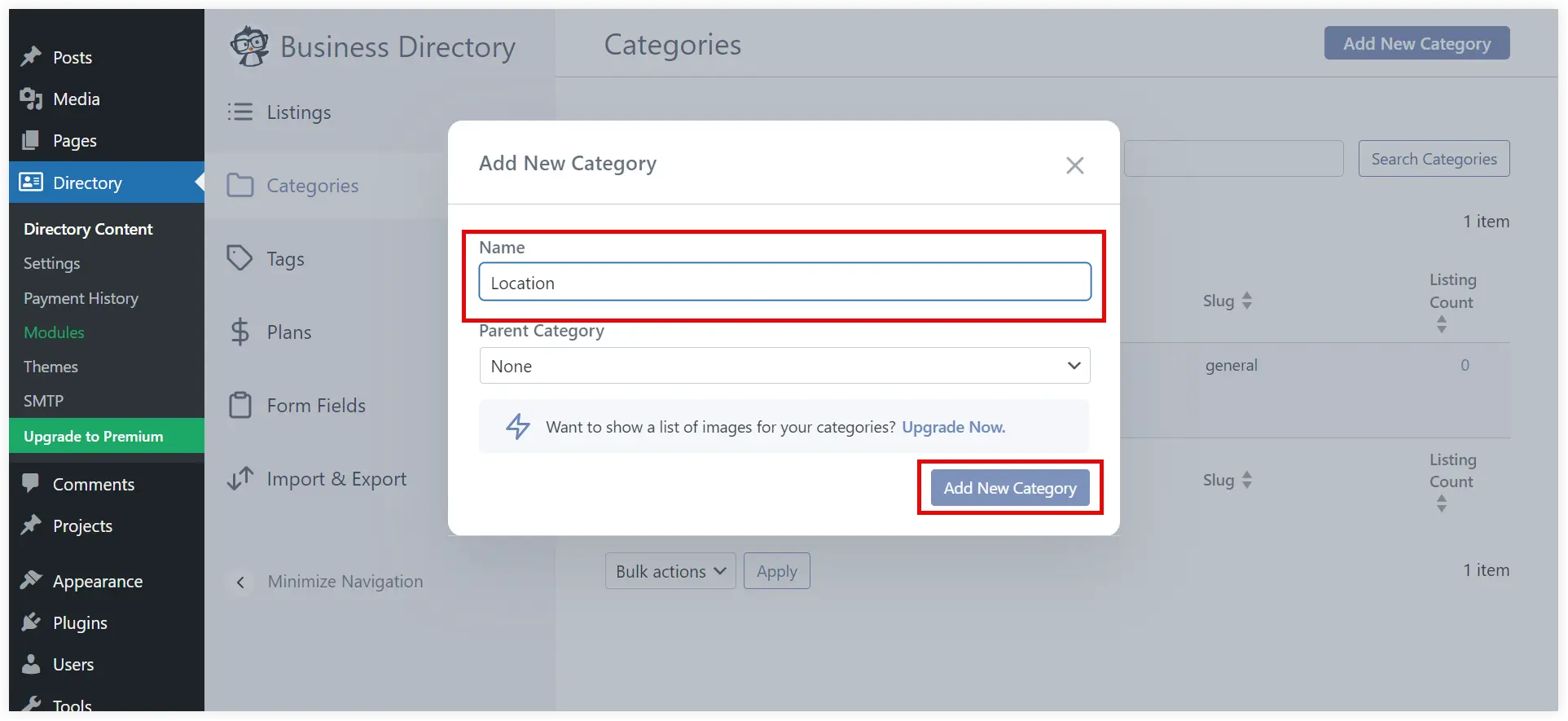 Add WordPress directory listings categories 