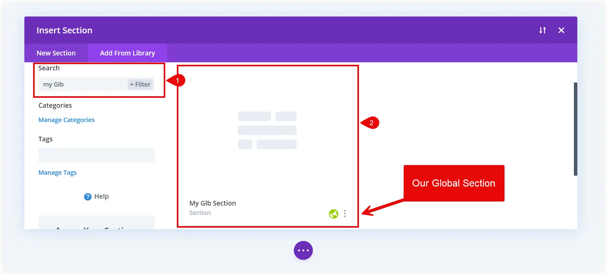 Search Divi global element in library