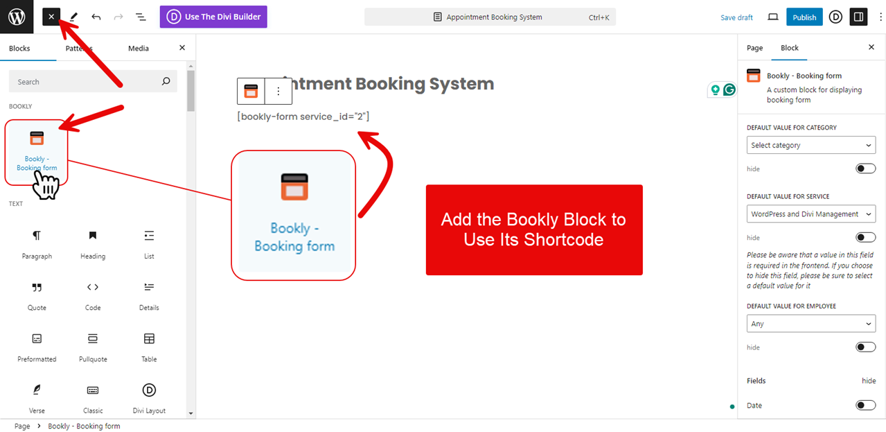 Using the Bookly - Booking Form WordPress Block.