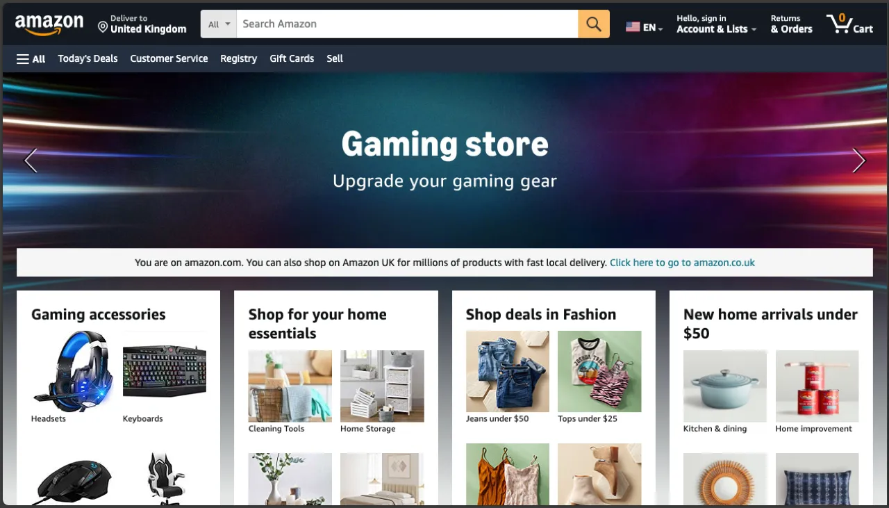 Amazon homepage options.