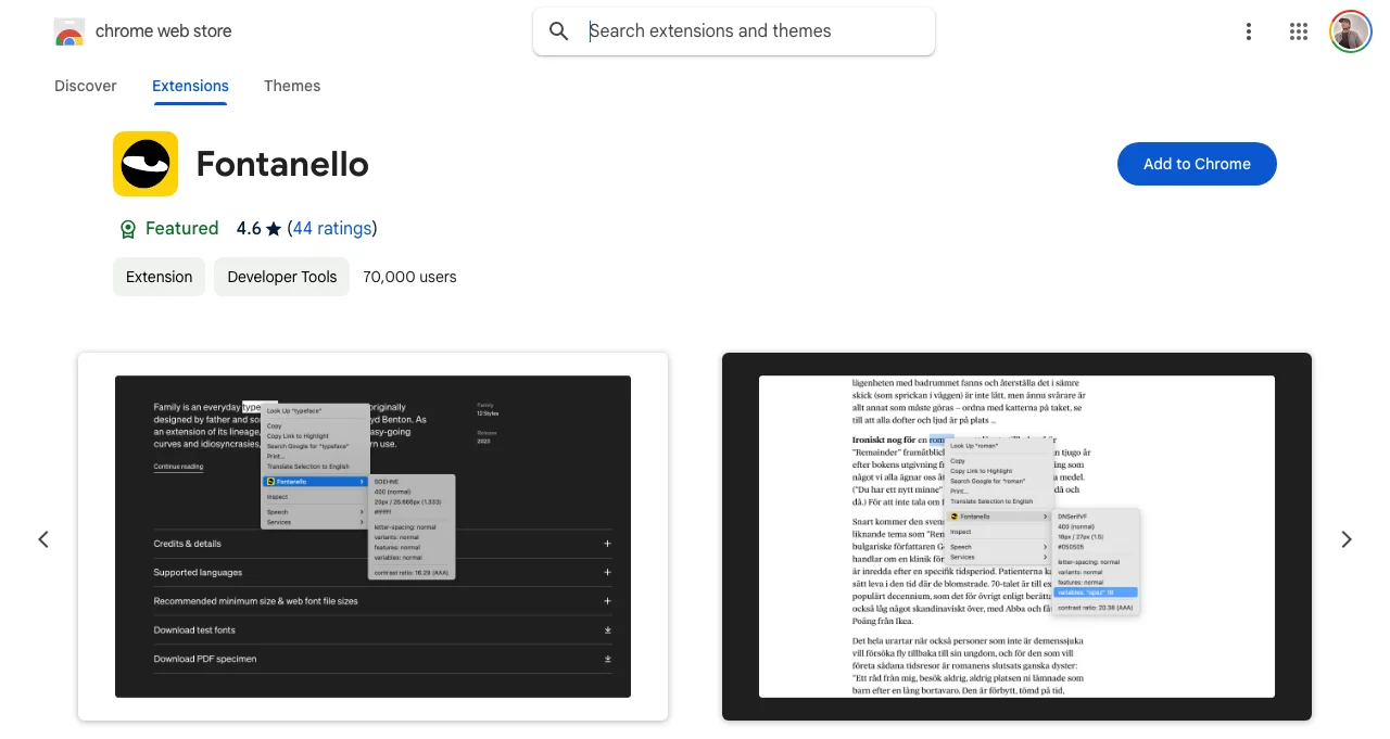 Fontanello font checking Chrome extension.