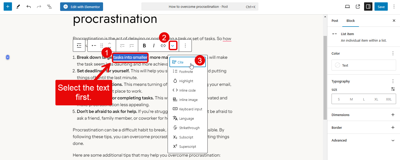 Accessing the citations option in the WordPress post.