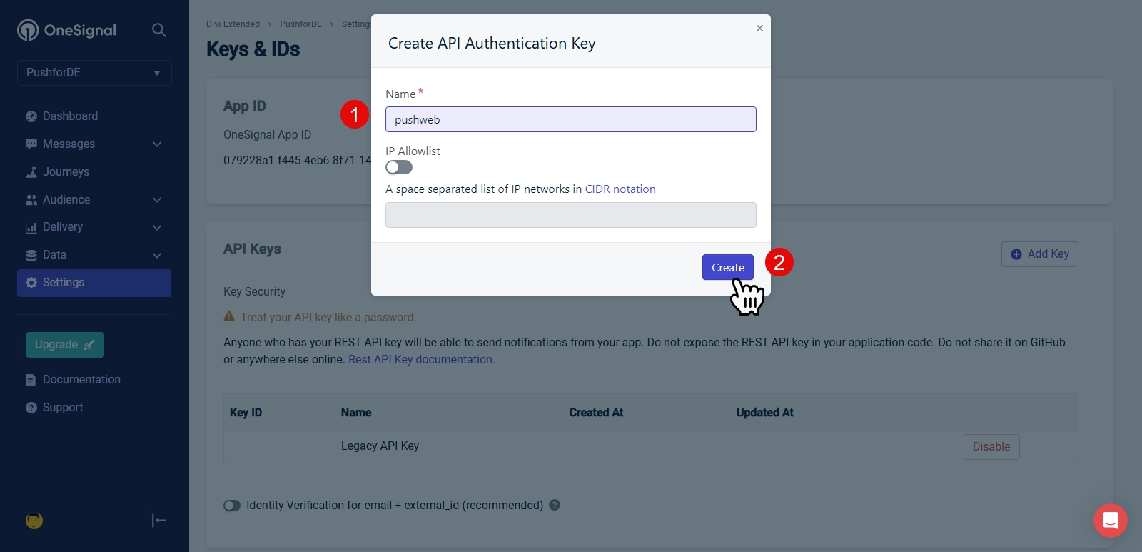 Creating OneSignal API key for WordPress web push notifications.