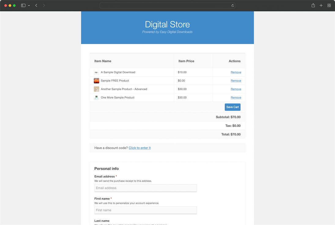 Easy Digital Downloads checkout page.