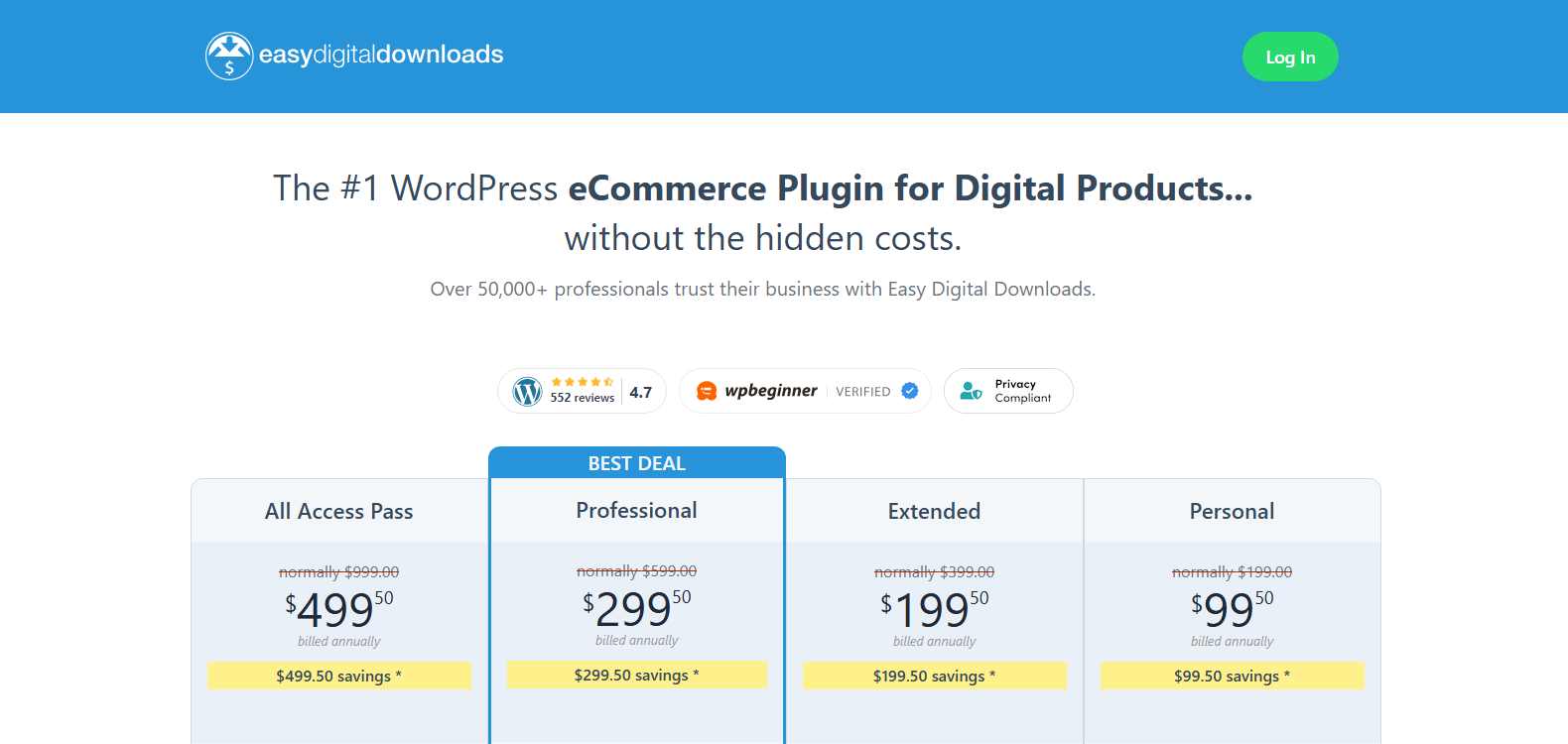 Easy Digital Downloads pricing plans.