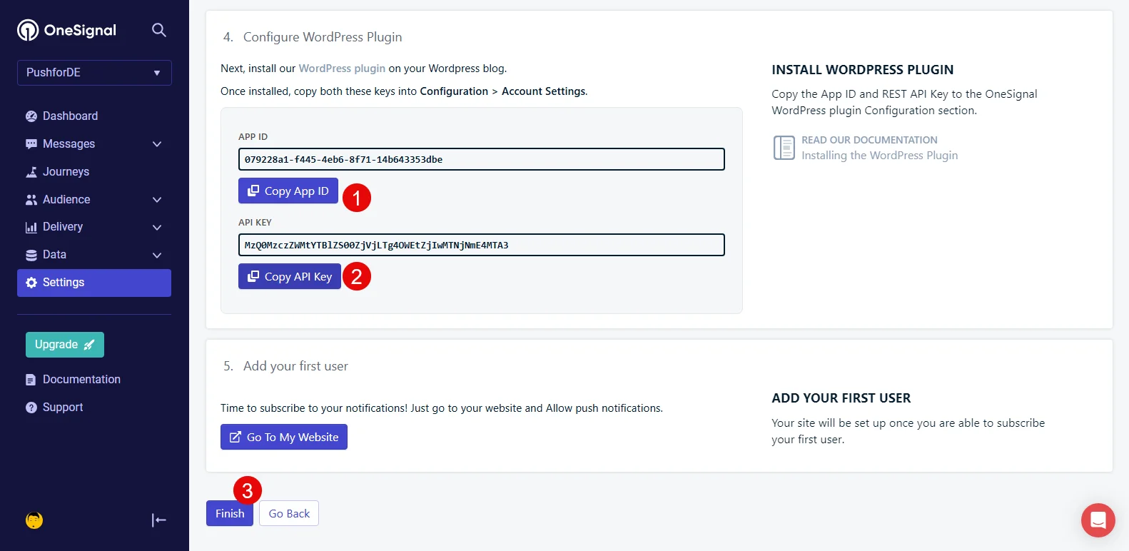 OneSignal new API Keys.