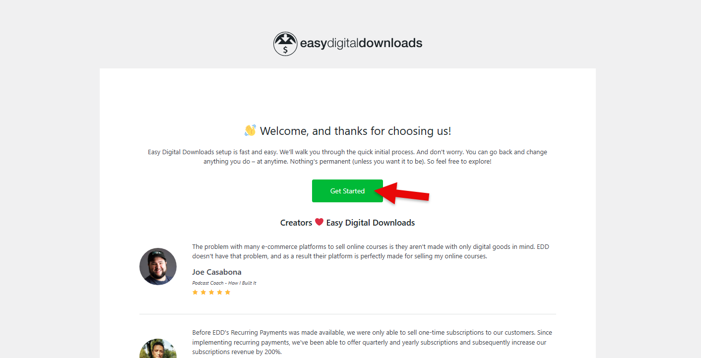 Getting Started step of EDD plugin.