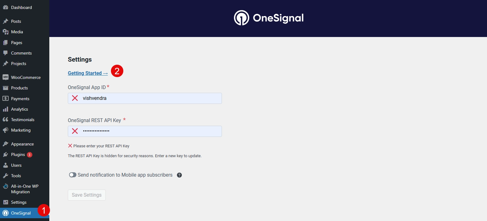 Getting Started step of OneSignal Plugin.