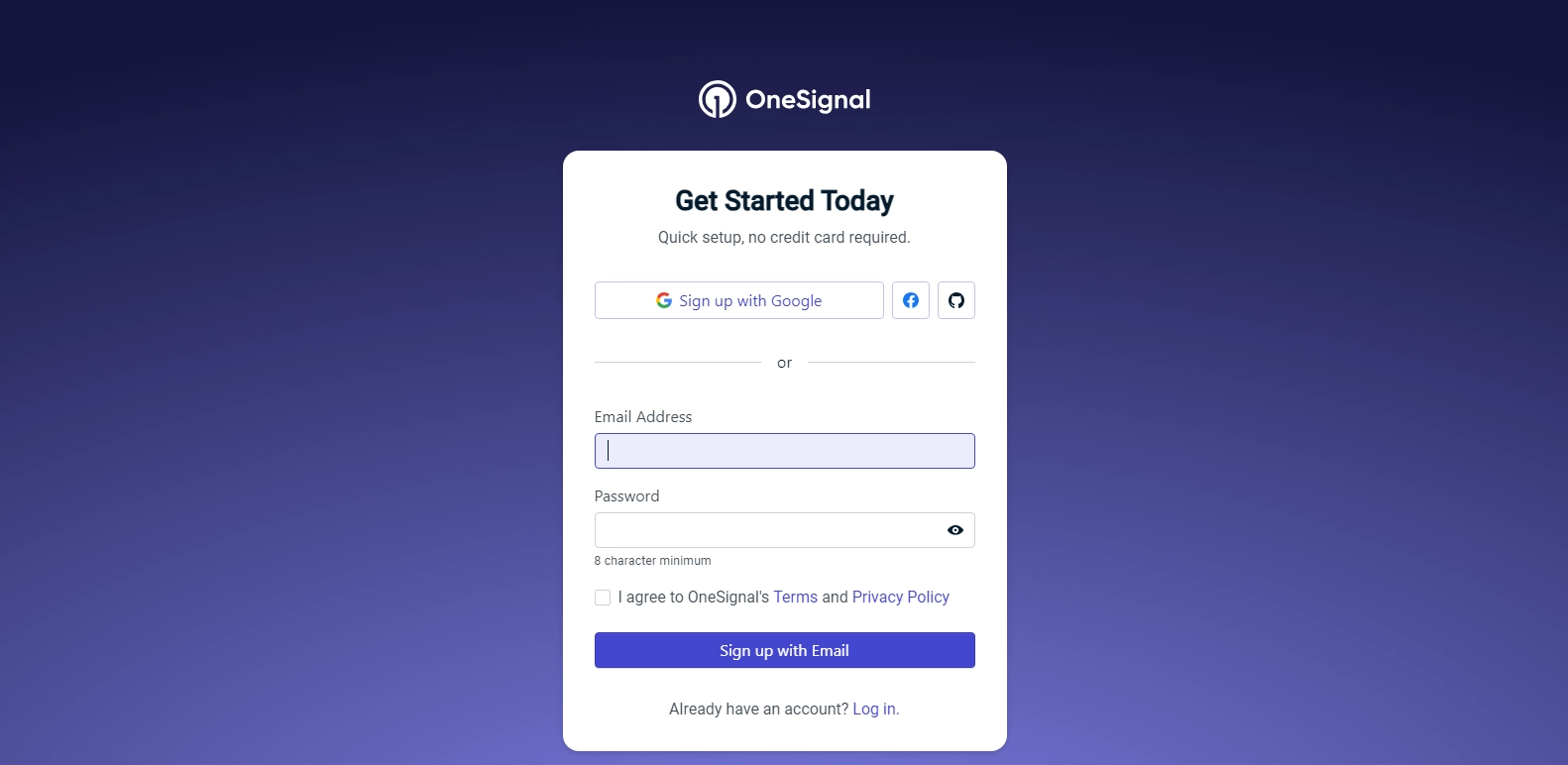 OneSignal signup page.