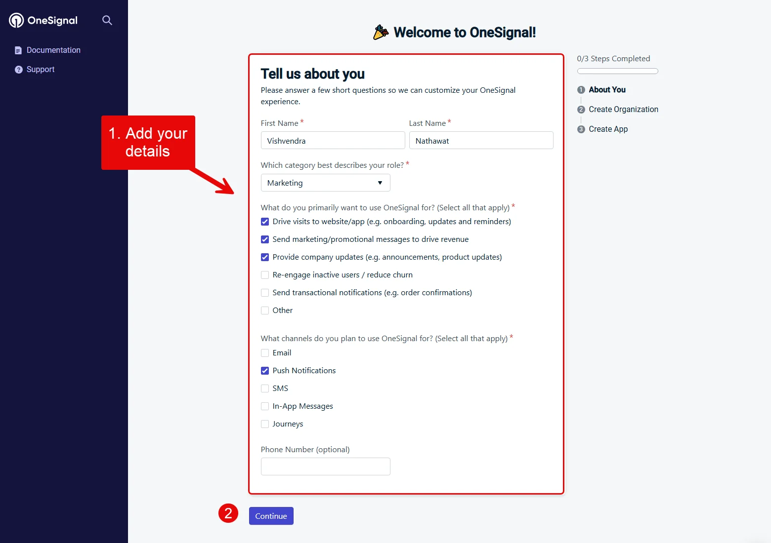 OneSignal setup step 1.