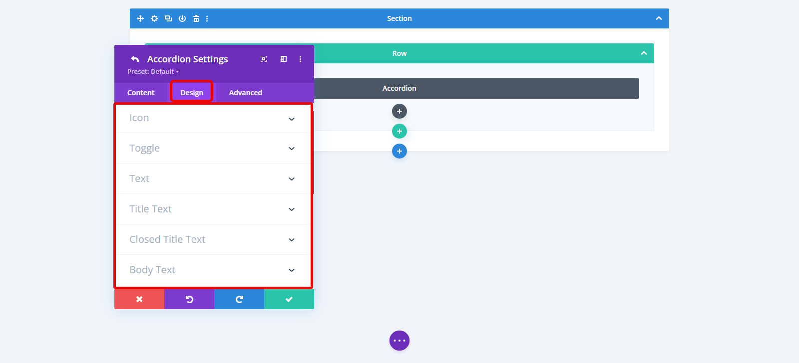 Accordion module Design tab.