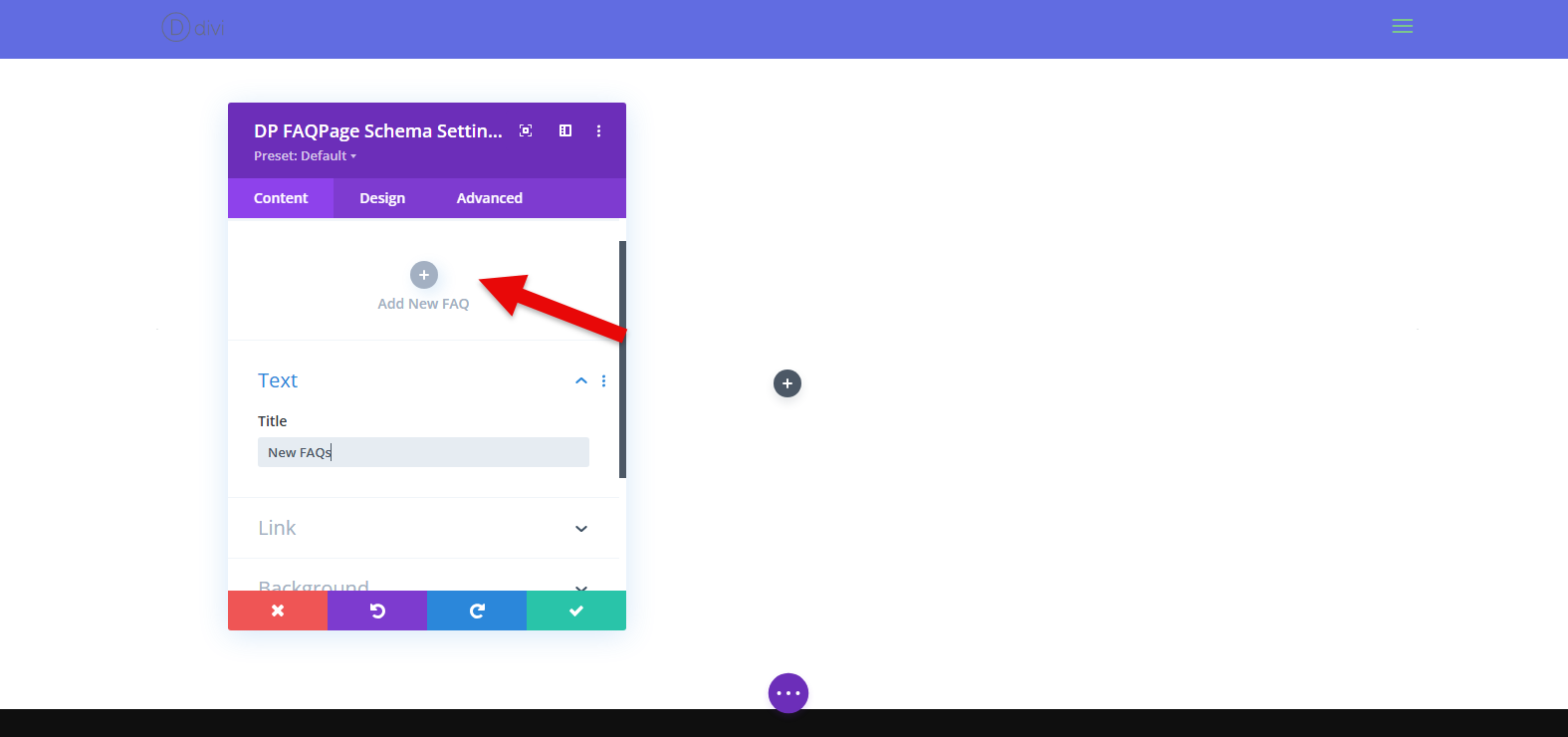 Adding a new FAQ in Divi using the Divi Plus plugin.