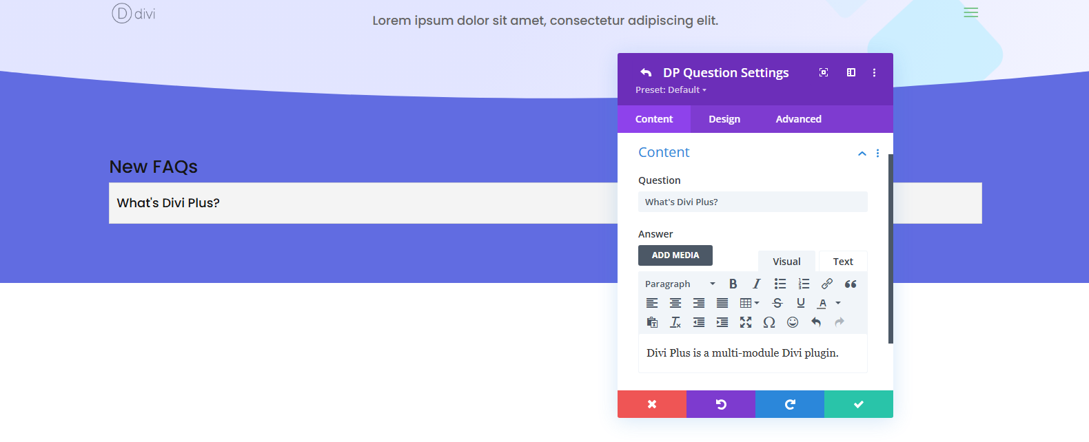 Adding content in the Divi Plus FAQ module.