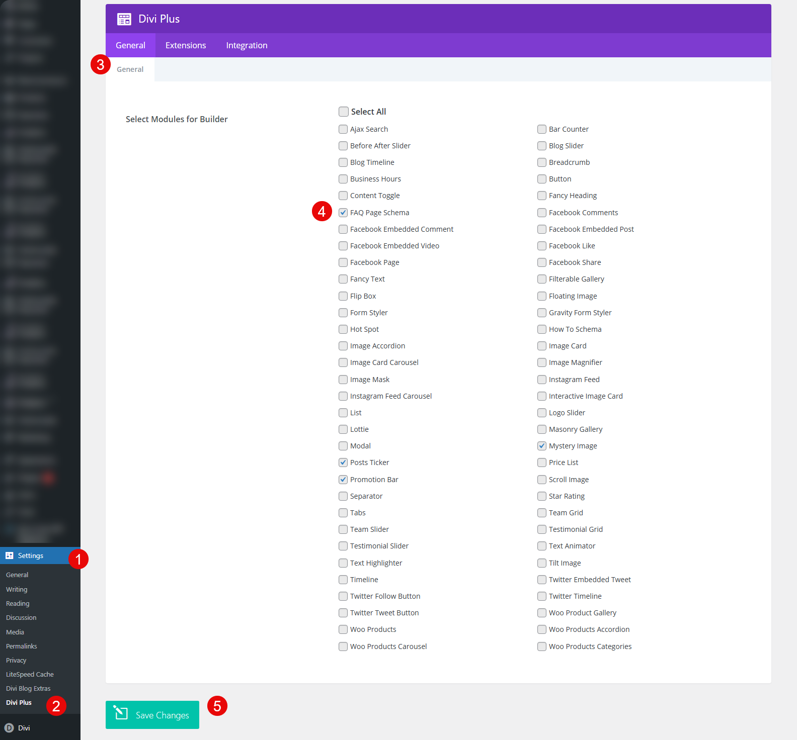 Enabling the FAQ Page Schema module Divi Plus.