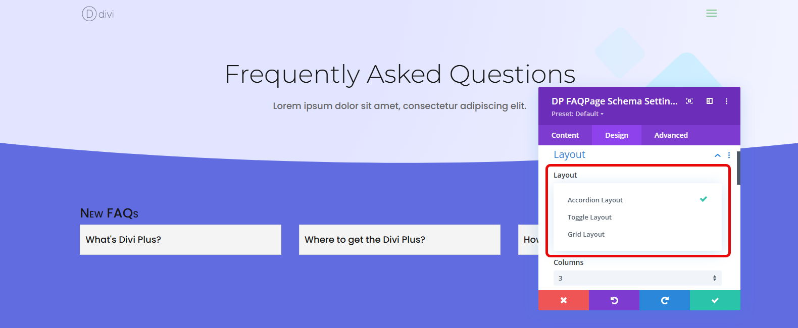 Divi FAQ layouts by Divi Plus FAQ module.