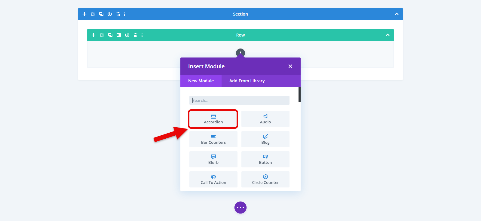 Inserting the Accordion module of Divi for FAQs