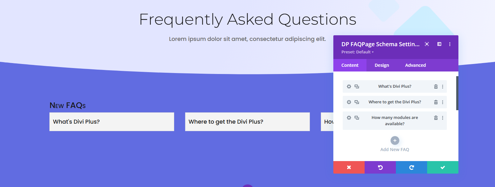 Multiple FAQs in the Divi Plus FAQPage Schema module.