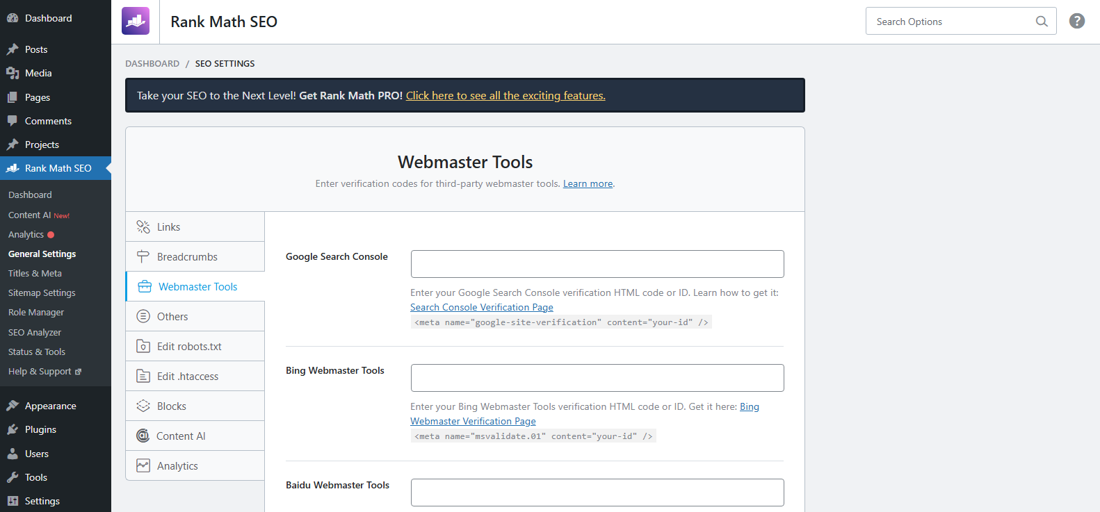 Rank Math webmaster tools