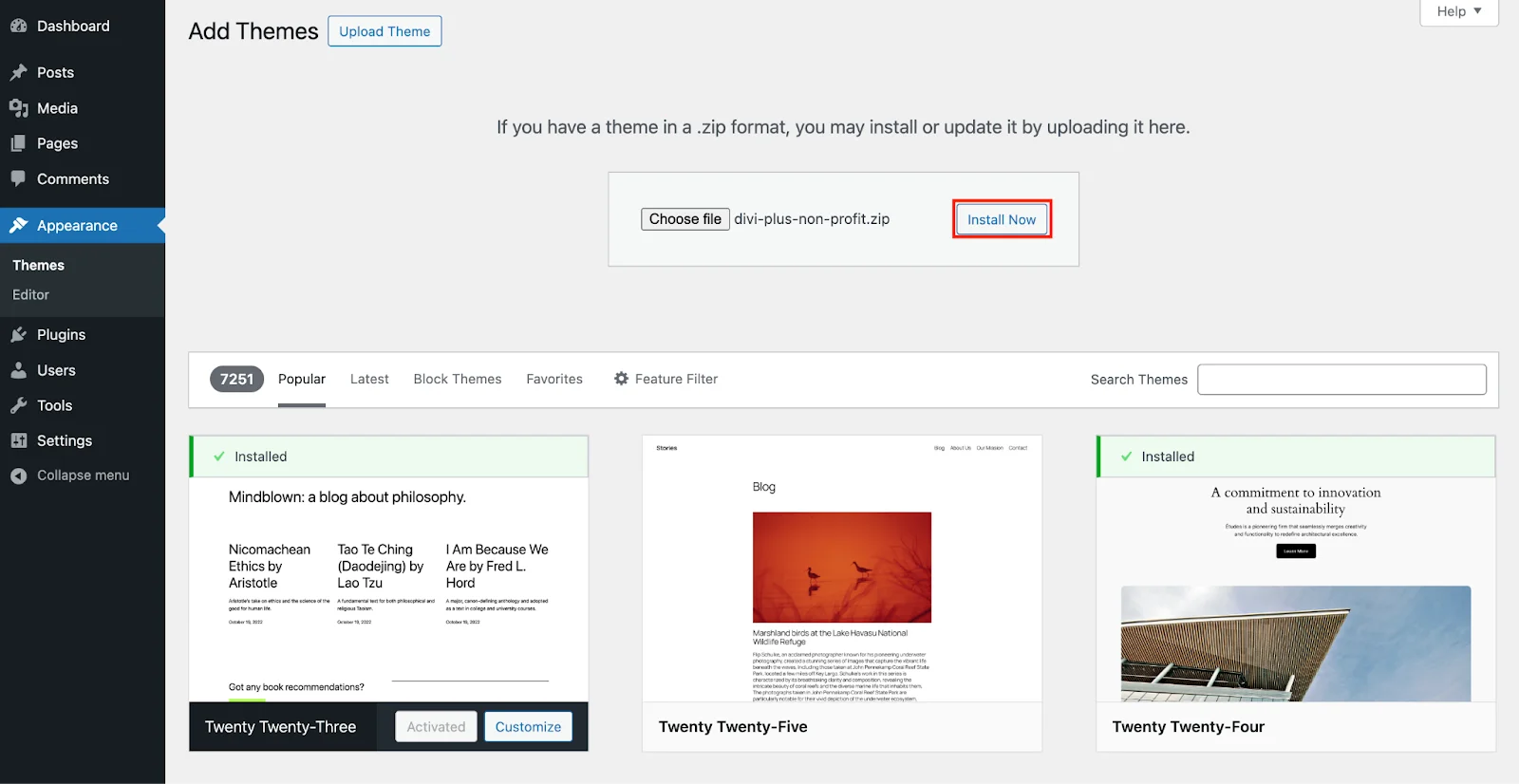 Install Now option for Divi WordPress themes