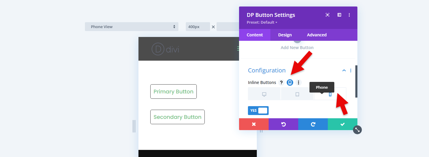 Choosing phone Divi Buttons responsiveness.
