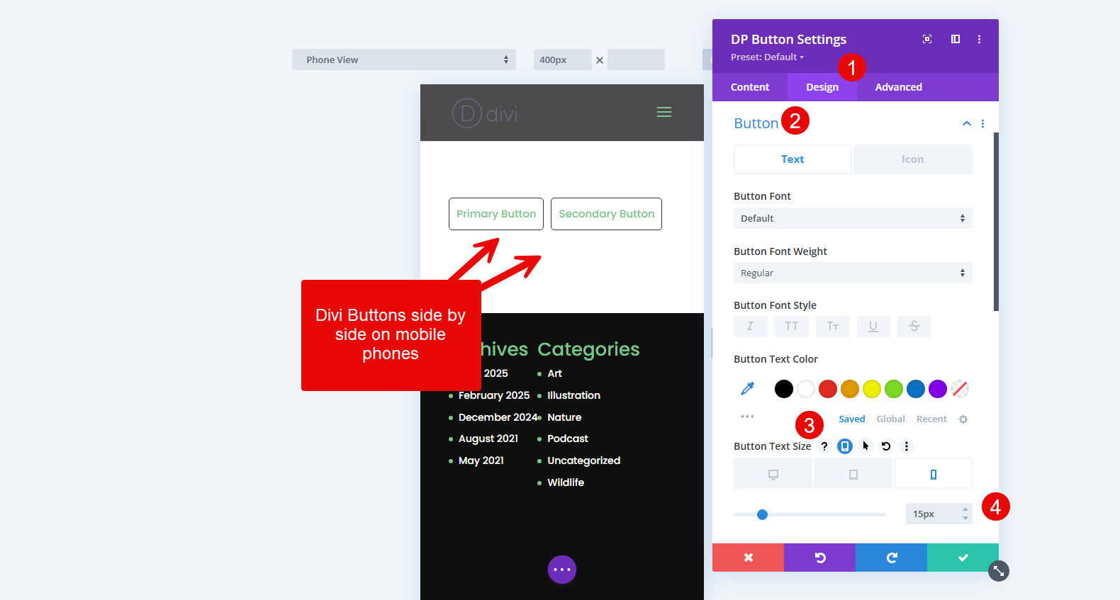 Divi Buttons side by side mobile phones.