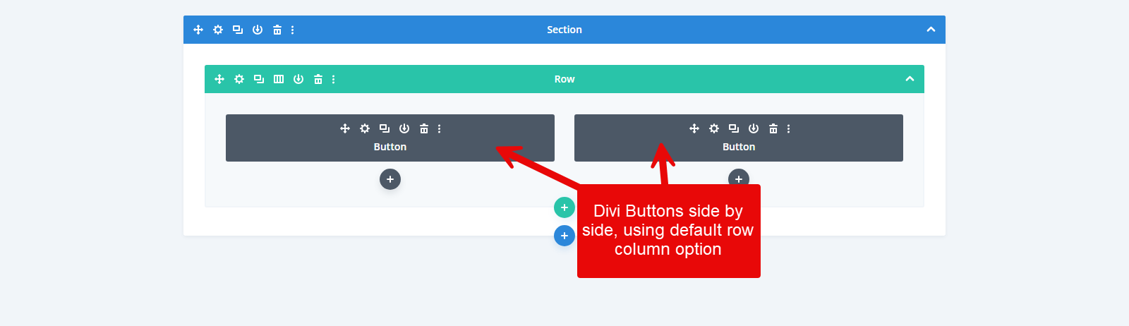 Divi Buttons placed side by side using the default Row-Column option.