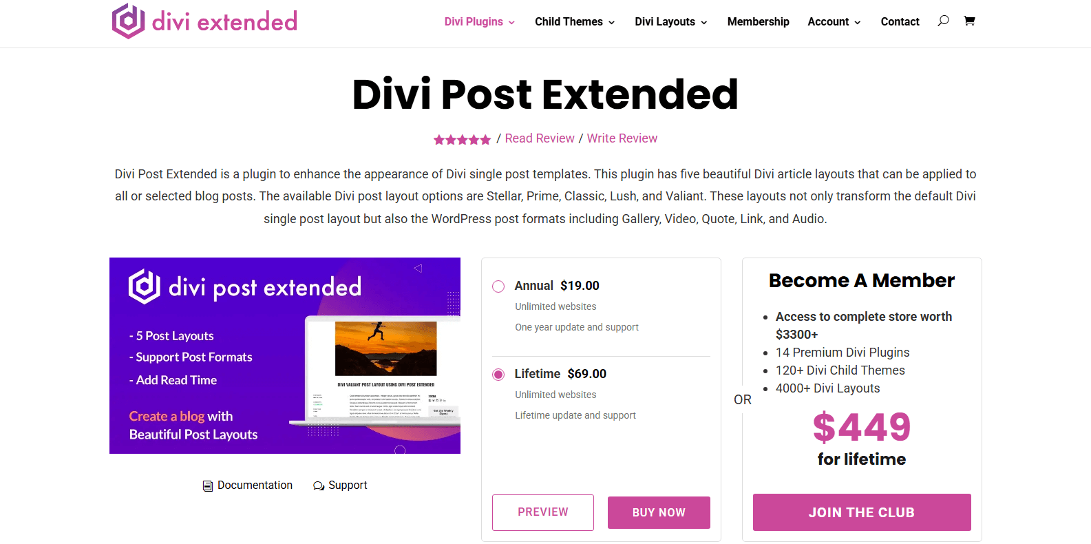 Divi Post Extended plugin product page on Divi Extended