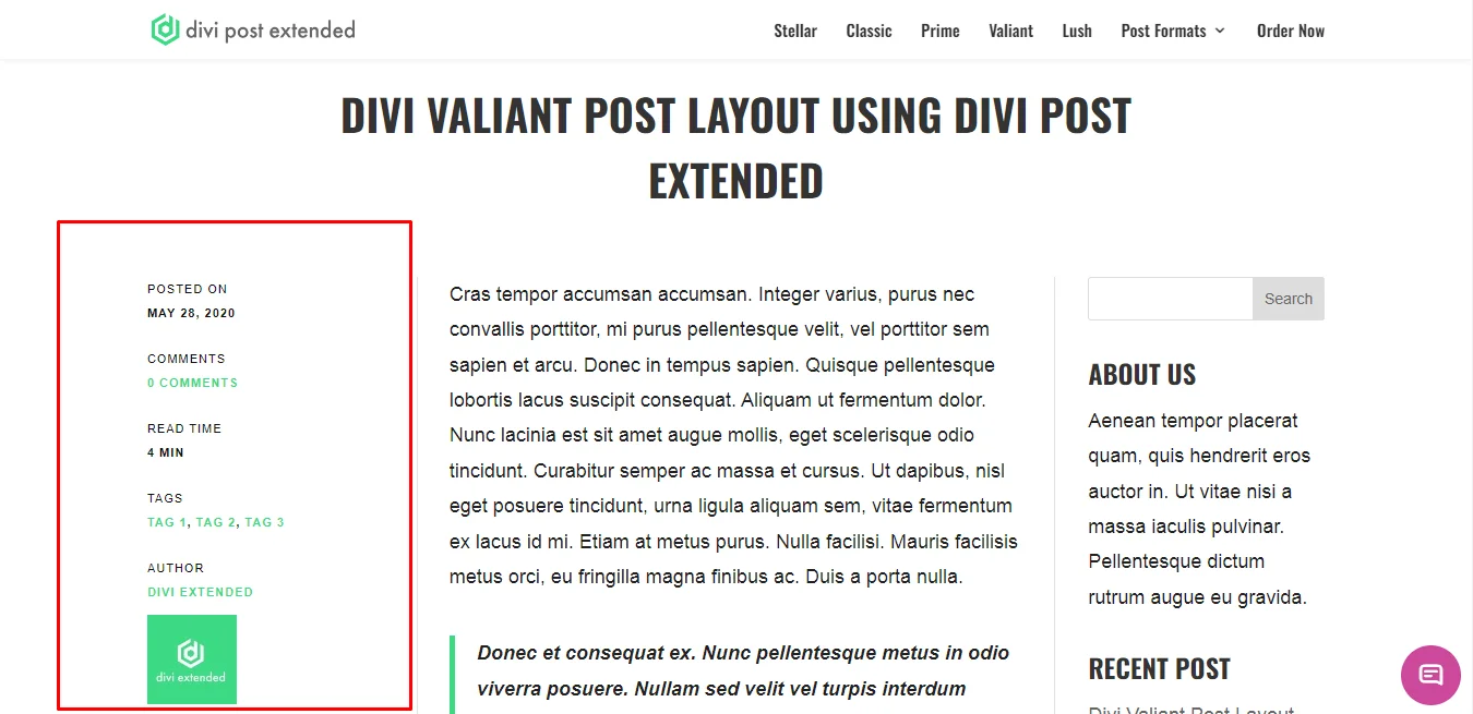 Divi valiant post read time layout