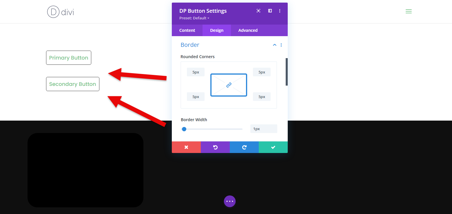 Two Divi Buttons with custom border radius and width