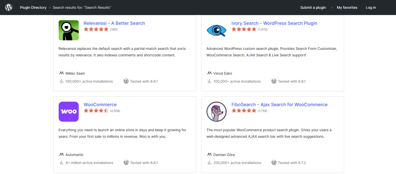 List of Search Results Page plugin at WordPress.org
