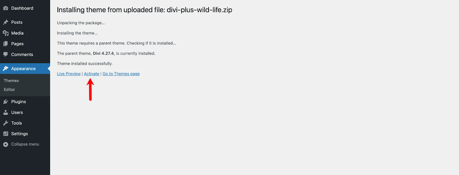 Activating Divi Plus Wildlife theme