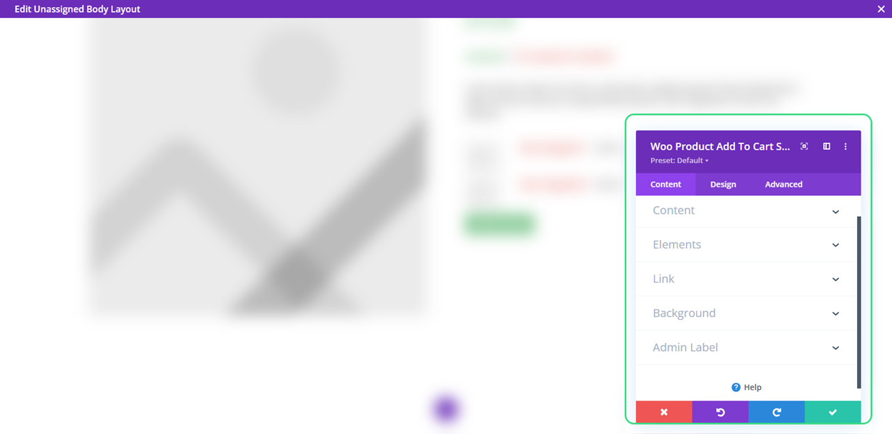 Options in the Add to Cart Content tab of the Divi Woo module.