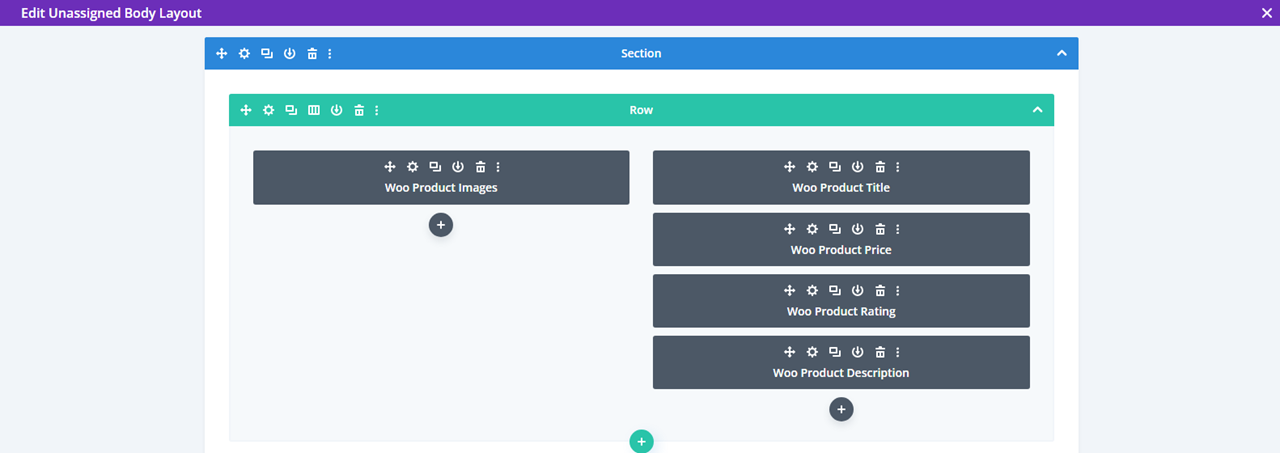 Divi WooCommerce modules in two columns.