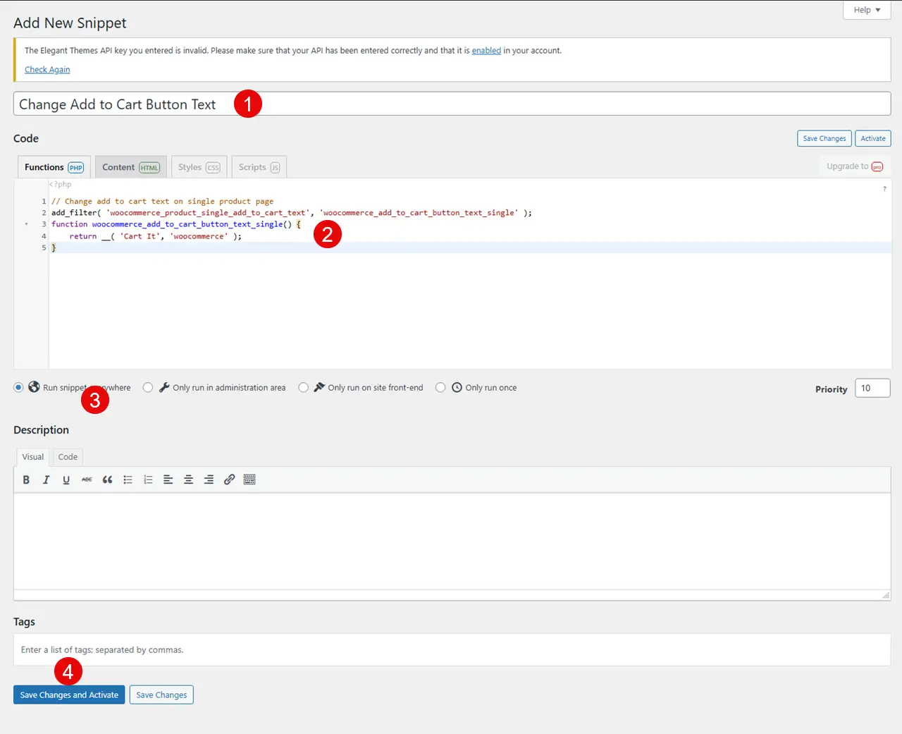 Code Snippets with Add to Cart button text change.