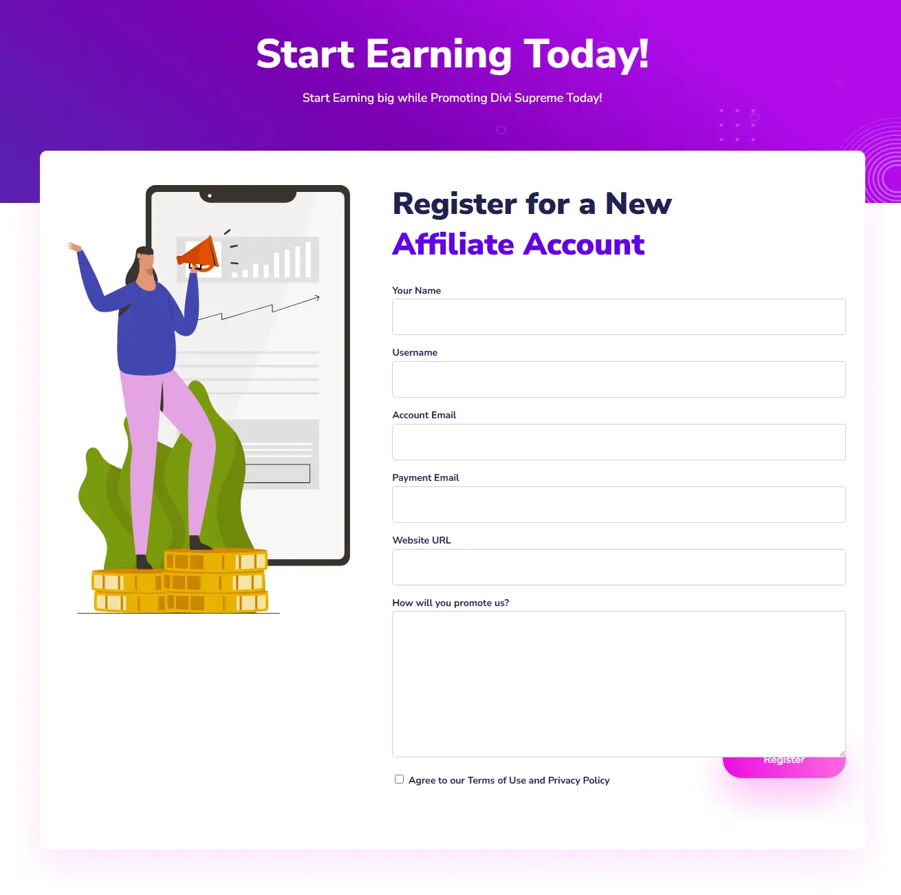Divi Supreme Affiliate Registration form page.