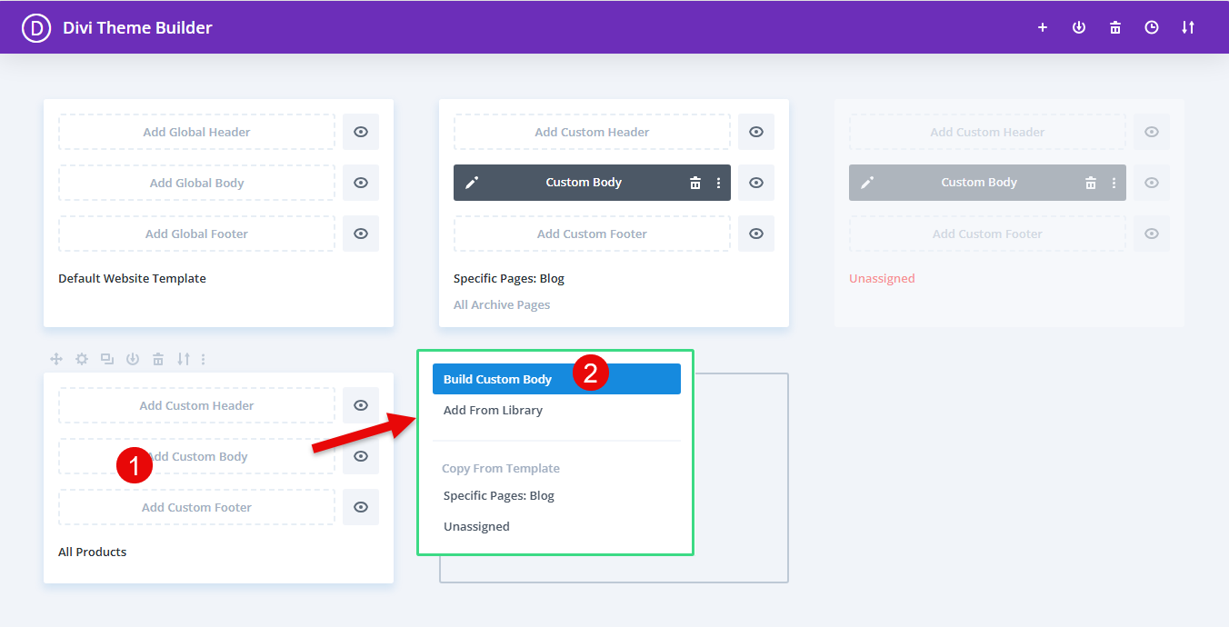 Steps to create a new custom body in the Divi Theme Builder.