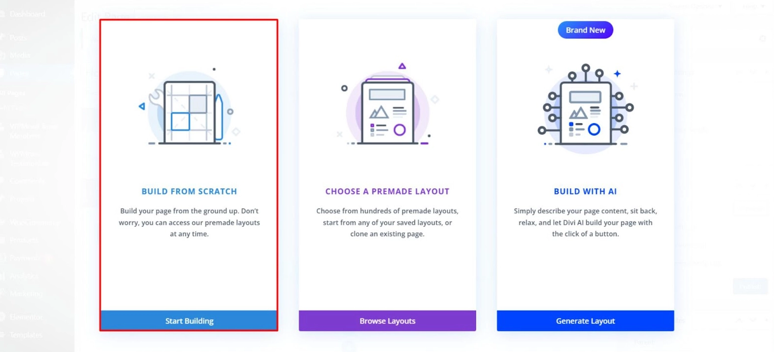 Divi's BUILD FROM SCRATCH option.