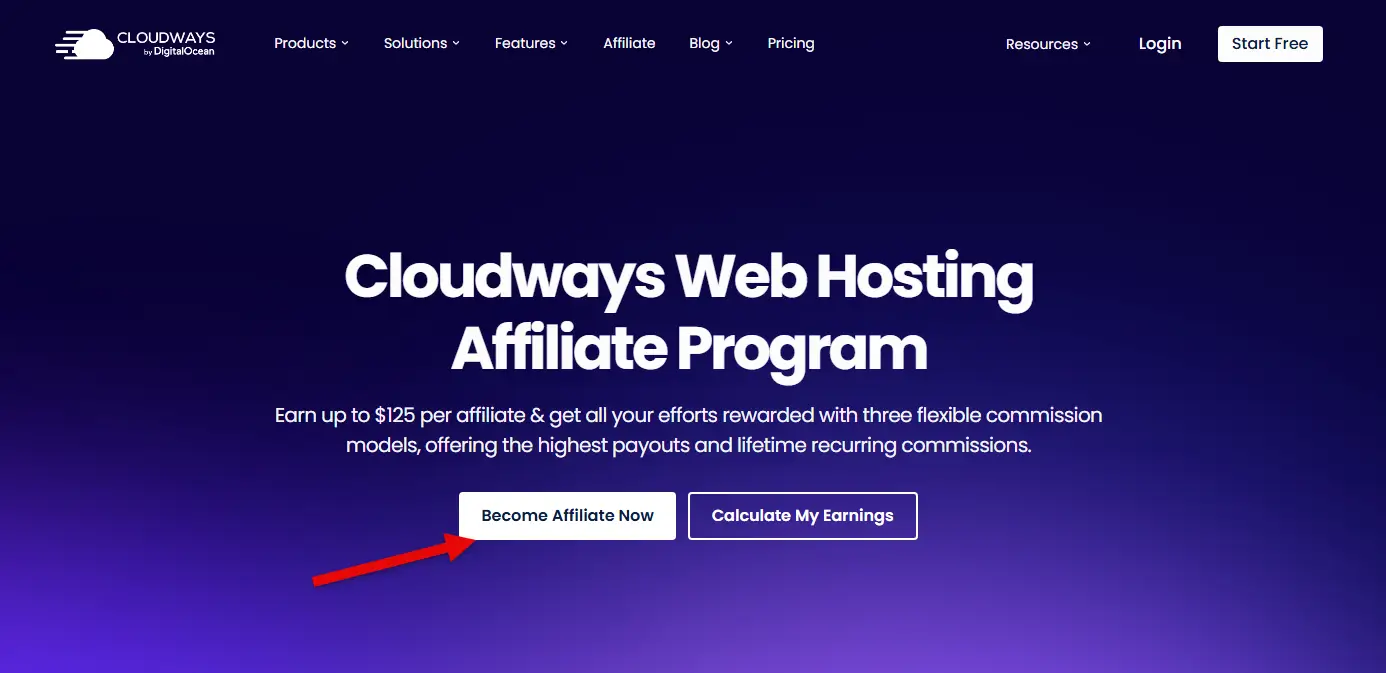 Cloudways Web Hosting Affiliate Program page.