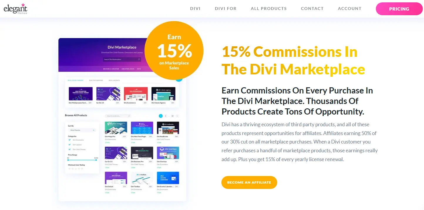 Divi Affiliate commission rate for Divi Marketplace products.