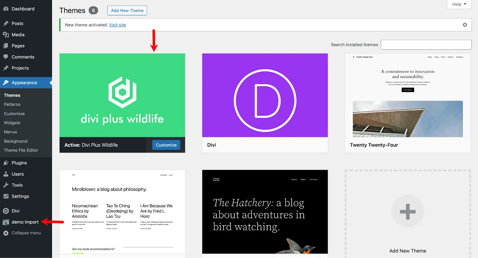 Divi Plus Wildlife Theme activated in the WordPress Themes window.